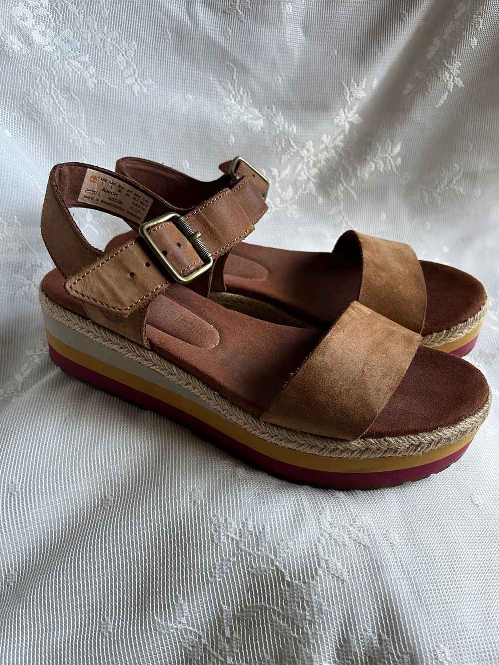 Timberland Ortholite Women's Brown Suede Platform Sandals with Buckle Strap Sz 7